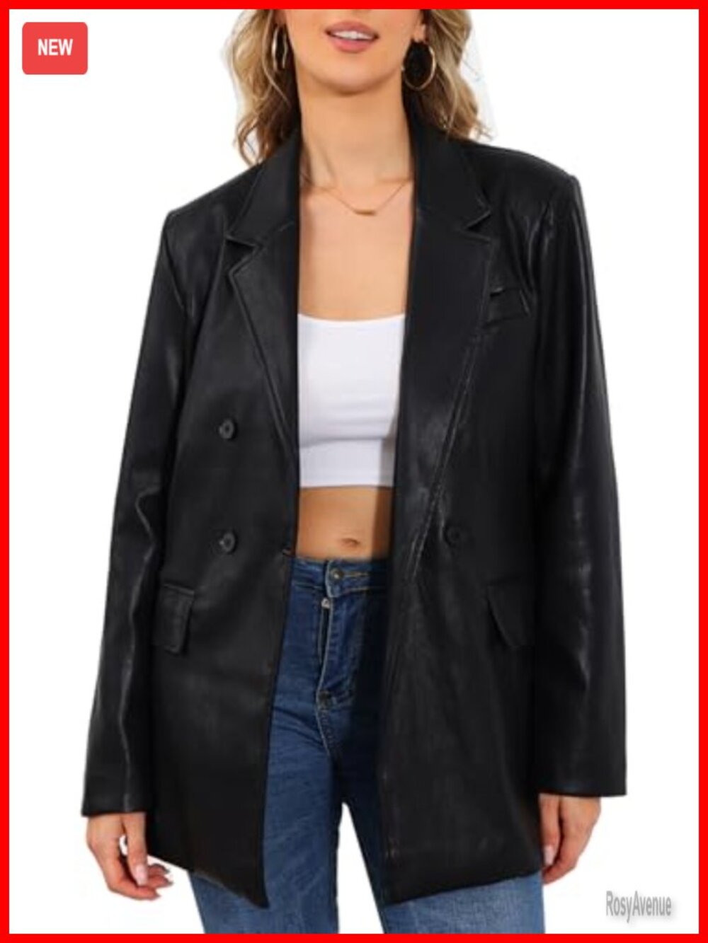 Oversized Faux Leather Double-Breasted Blazer Jacket for Women